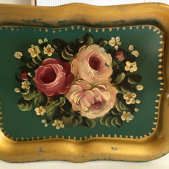 Vintage Toleware hand painted roses floral pink mauve green gold small tray - Picture 6 of 10